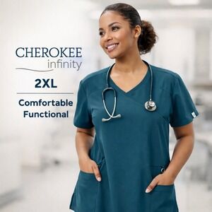 Cherokee Infinity Scrub Top Womens 2XL Teal Blue V-Neck Medical Uniform Nursing